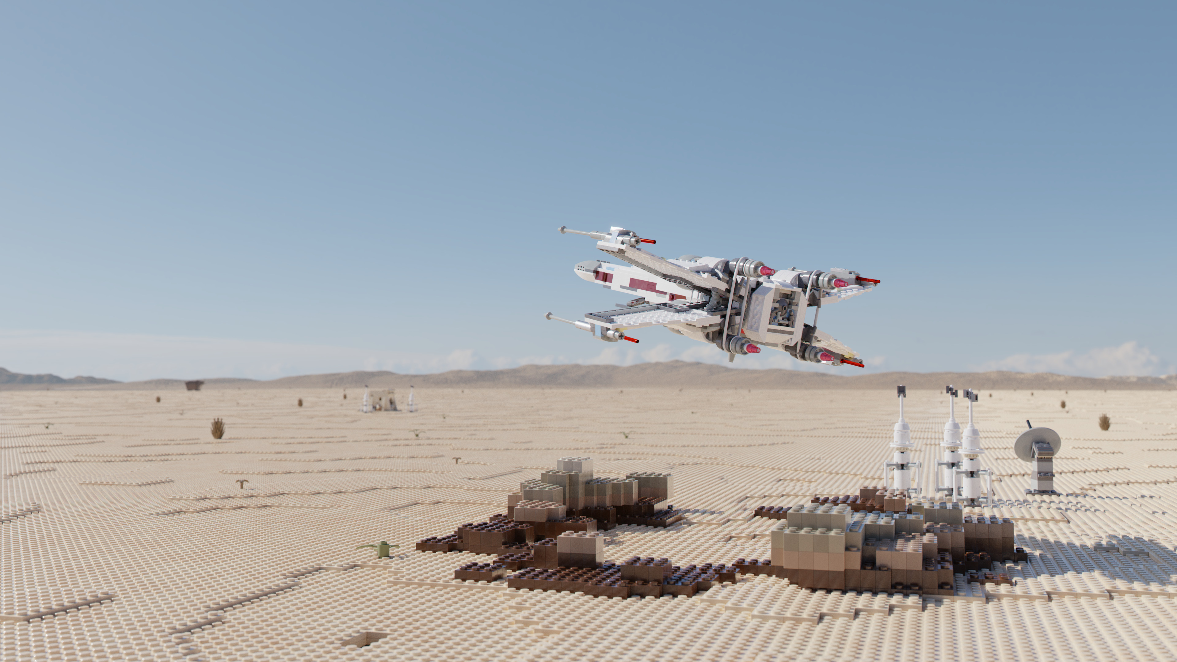 Image of a Lego Star Wars X-Wing taking off from a desert.