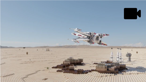 Click to see an image of a Lego Star Wars X-Wing taking off from a desert