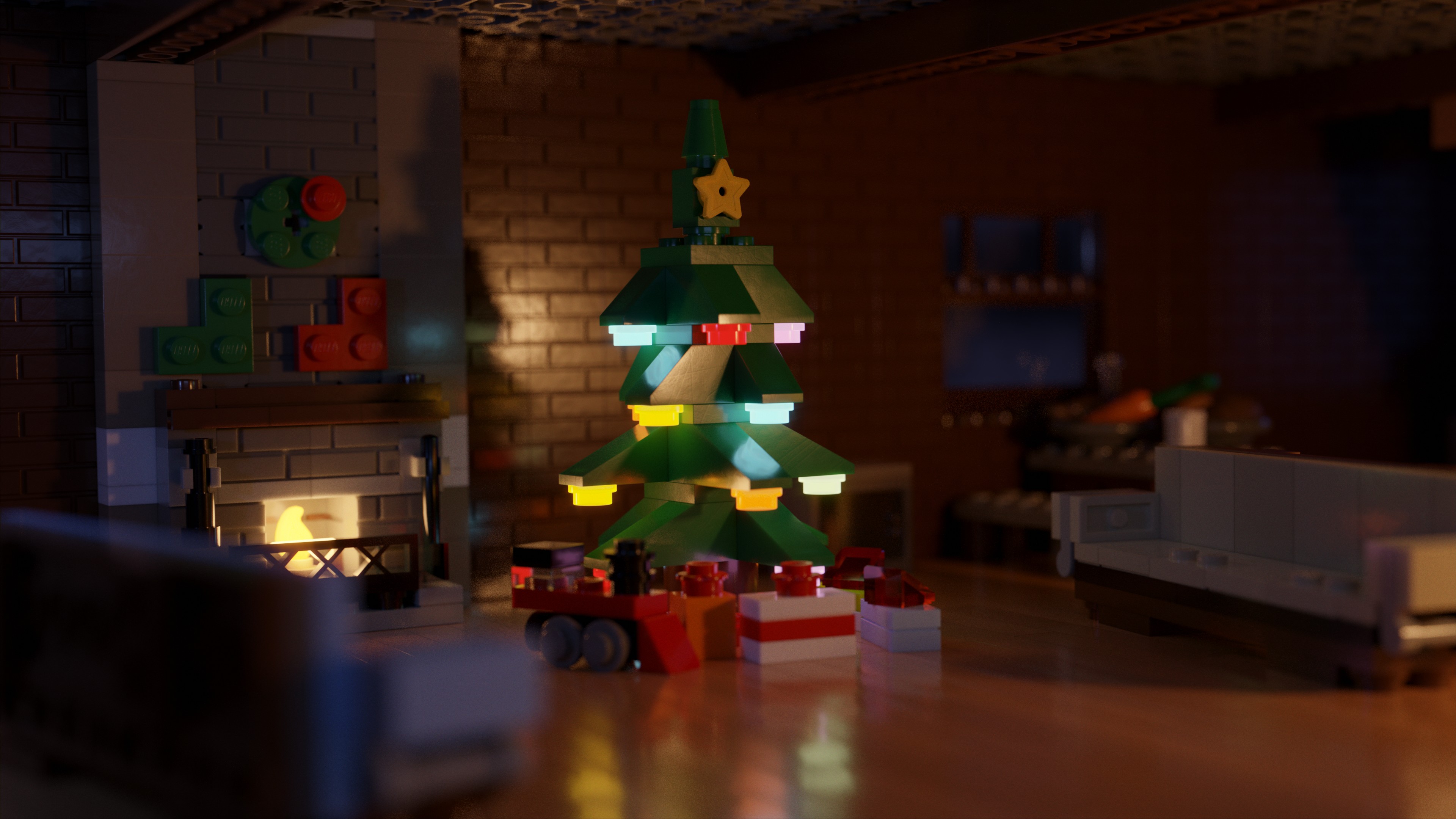 An image of a Lego Christmas tree at night in a living room with presents, sofas and a fireplace.